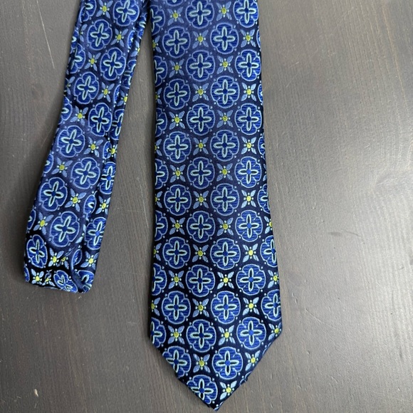 Ted Baker London Men’s Navy Aqua Lime Medallions Woven Silk Skinny Tie USA - Picture 1 of 6
